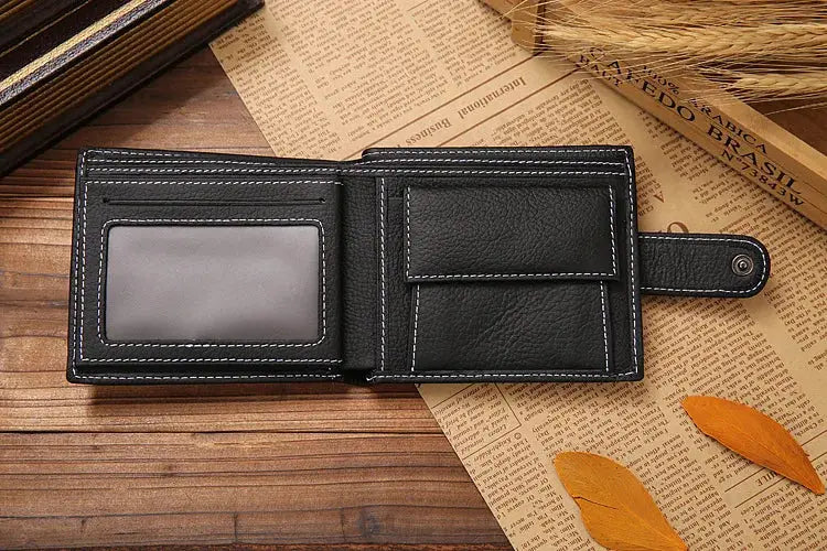 Men's black genuine leather wallet with ID window, multiple card slots, coin pouch, premium craftsmanship