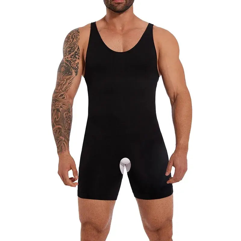 Men's black full-body shapewear compression sleeveless bodysuit by Simples Market