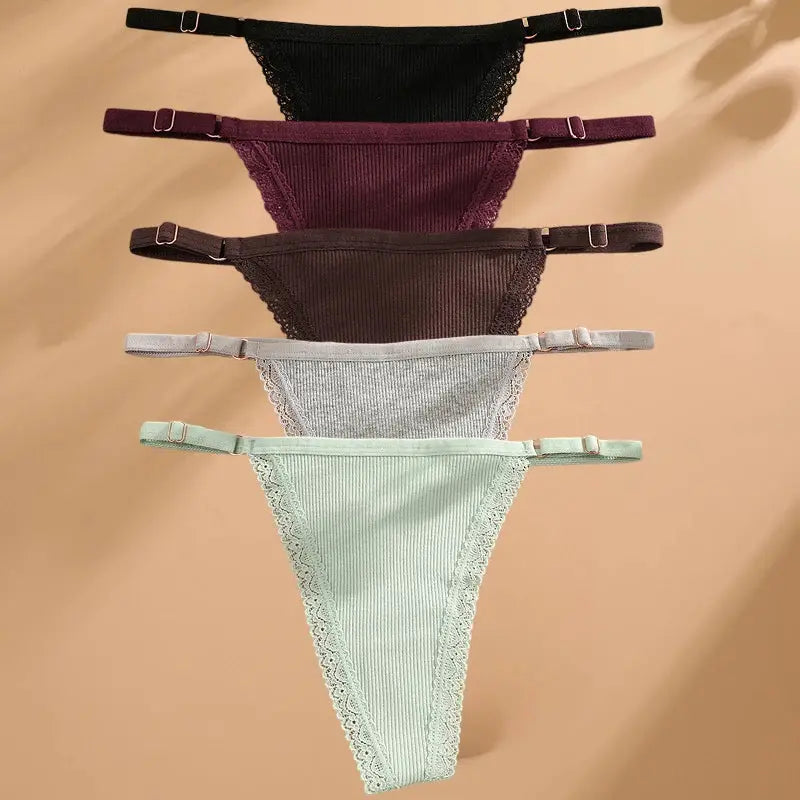 Simples Market 5pc cotton thong underwear set with lace trim in black, burgundy, brown, gray, mint