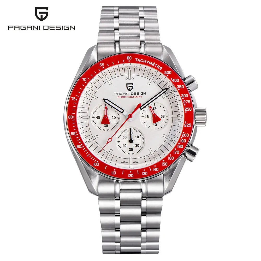 Pagani Design 1701 V5 men's stainless steel chronograph watch with white dial and red bezel.
