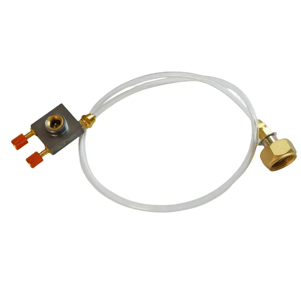 Camping gas refill adapter with clear tubing and brass fittings for outdoor stoves