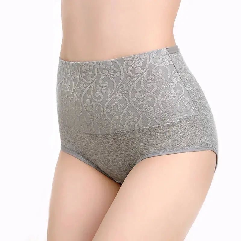 Plus-size high-waist cotton panties for women in grey with lace-patterned upper, Simples Market