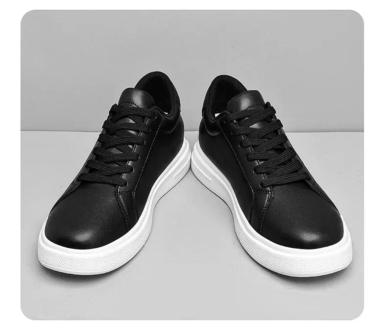 Men's black leather elevator sneakers with white rubber soles.