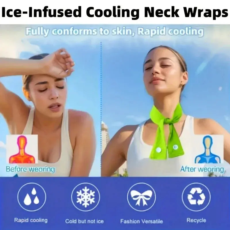 Ice cooling neck wrap by Simples Market; lime green scarf shown worn, with before/after wearing demos for rapid cooling