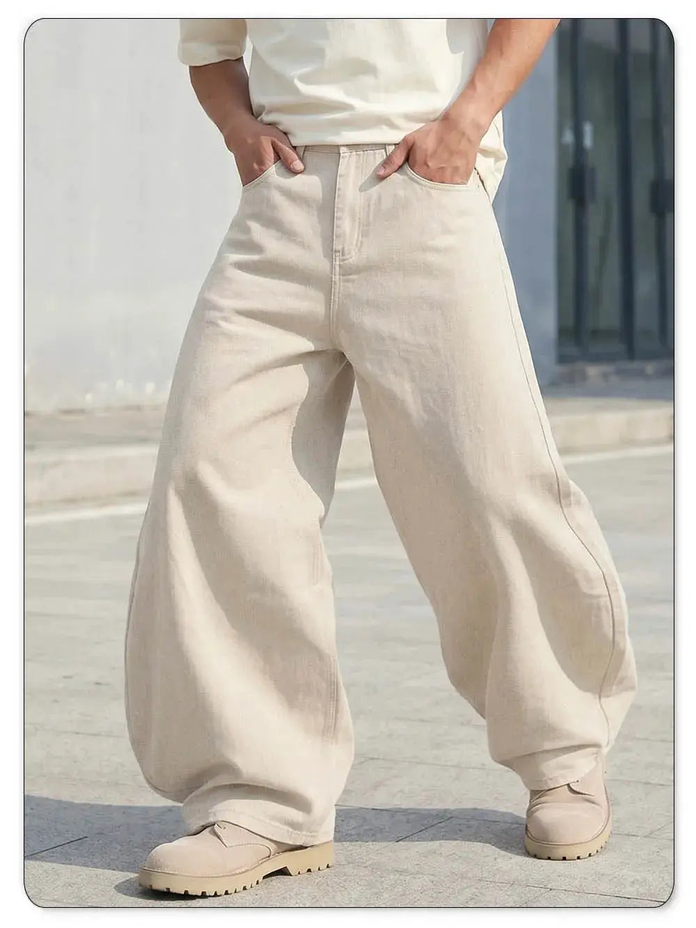 LIYS men's American beige loose wide-leg high-waisted jeans, denim pants for streetwear