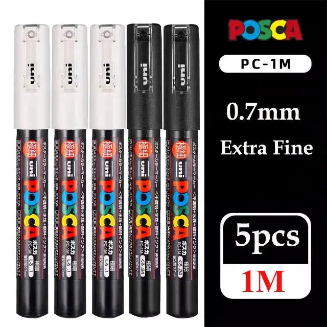 Posca paint marker pen set, 5-piece Uni Posca PC-1M/PC-3M/PC-5M, 0.7mm extra-fine, with original vinyl case