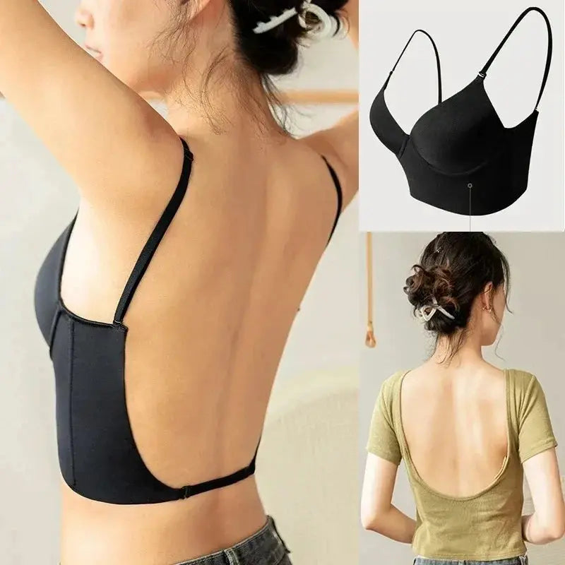 Women invisible black backless strapless bra with push-up padding for deep U necklines
