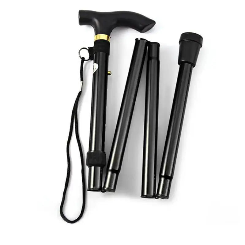 Telescopic walking stick by Simples Market, black aluminum alloy trekking cane with folding sections and wrist strap.