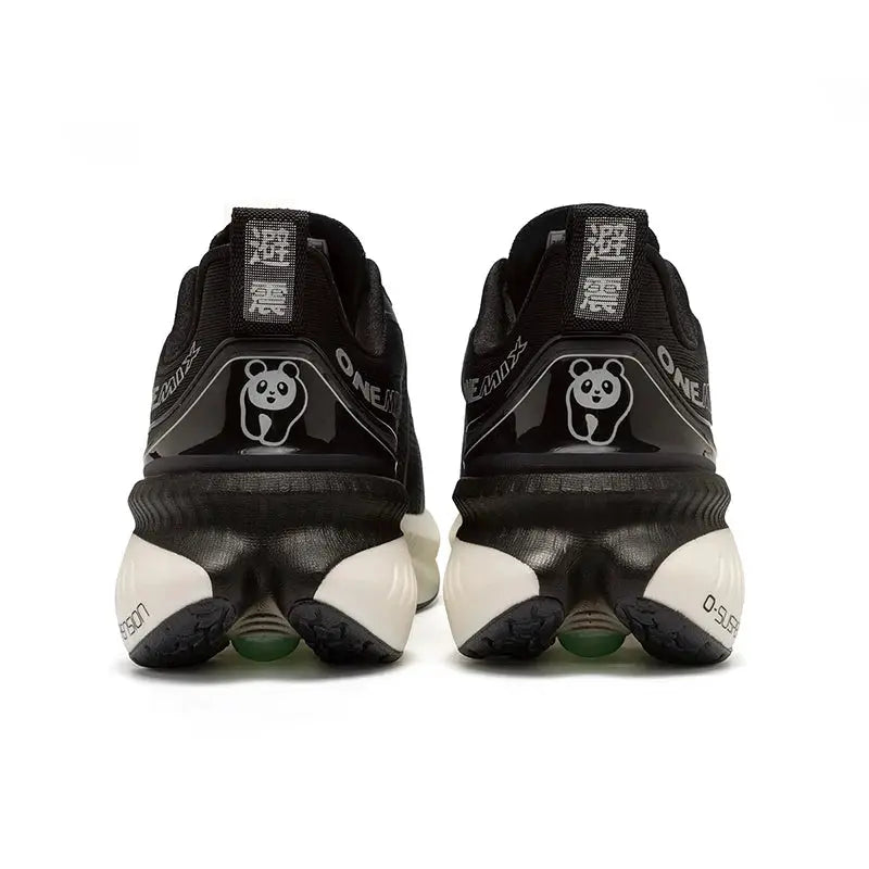 ONEMIX black running shoes pair with panda logo, lace-up, white midsoles, non-slip outsole
