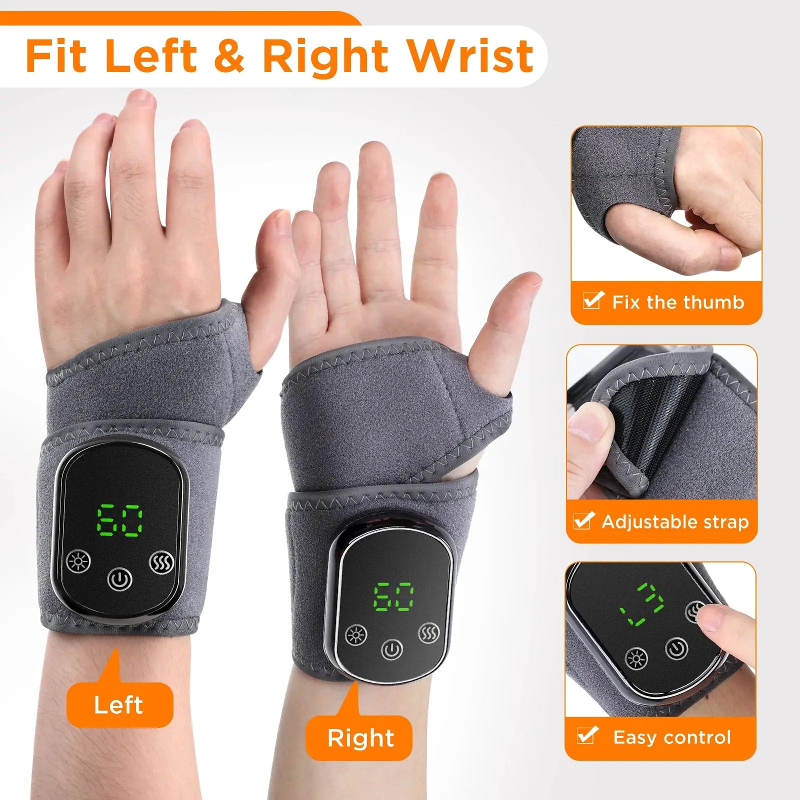 Simples Market cordless wrist massager for left and right wrists, gray fabric wrap with digital control panel