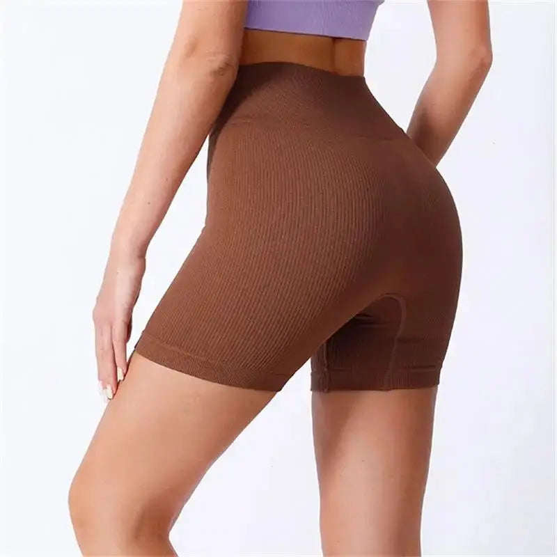 High Waisted Yoga Shorts For Women Lift And Shape Tight Fitting Solid Color Ribbed Texture Knit Activewear