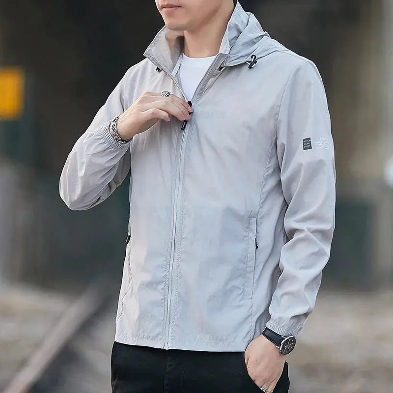 Men's lightweight sun protection hooded jacket by Simples Market, light gray breathable zip-front windbreaker