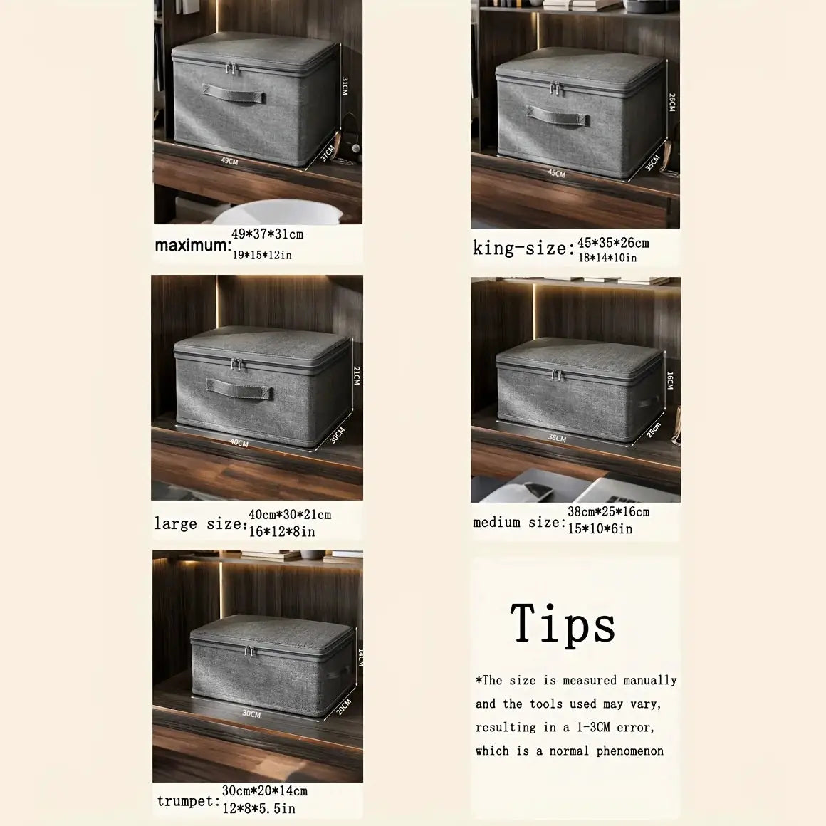 Simples Market stackable foldable fabric storage boxes with lids and handles in gray, shown in multiple sizes on a shelf.