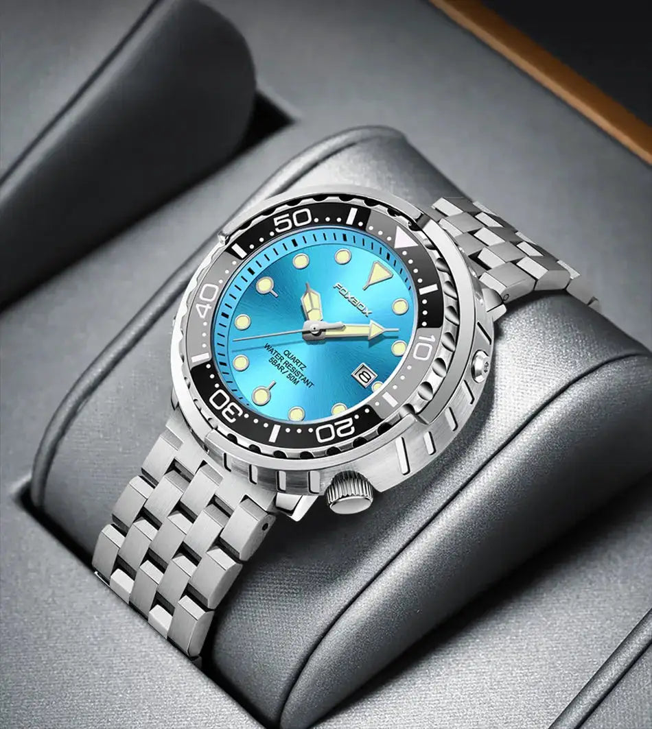 FOXBOXE men's quartz sport watch with blue dial, steel bezel, stainless bracelet, date window, 5ATM water resistant
