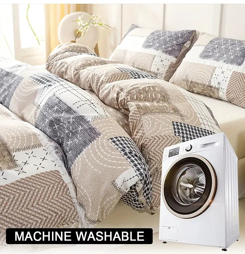 Duvet cover set, 3pc patchwork design with 2 pillowcases, Simples Market, beige and gray, machine washable