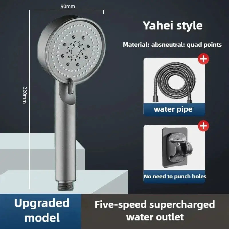Black 5‑mode shower head by Simples Market with water pipe and mounting bracket for high‑pressure water flow
