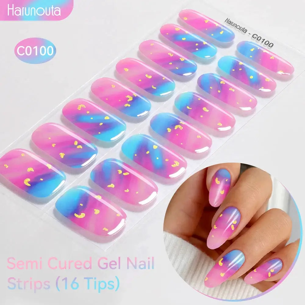 Gradient auroras semi-cured gel nail strips, Harunouta, pink/purple/blue gradient with gold foil, 16 tips