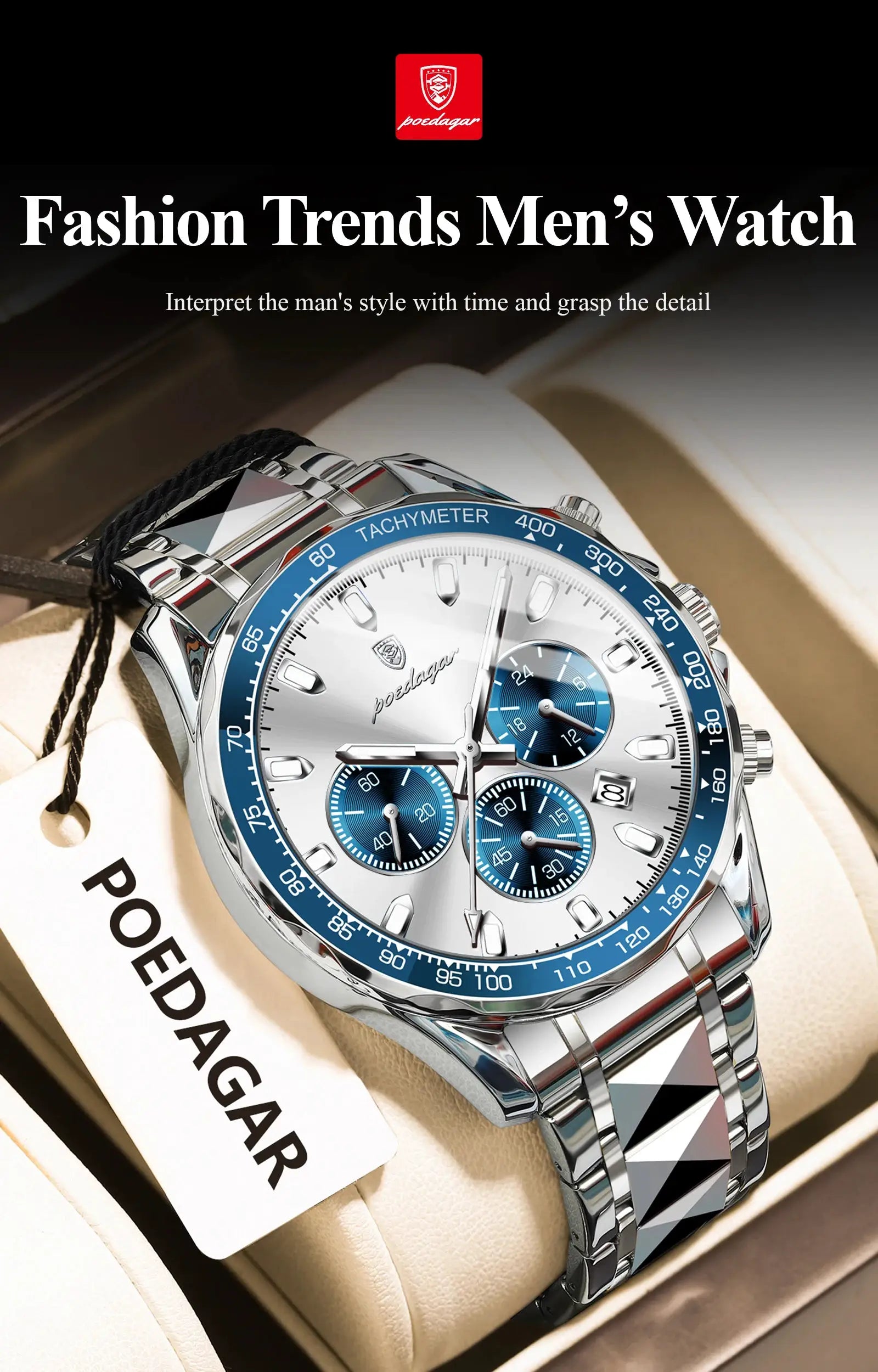 POEDAGAR stainless steel men's chronograph watch with blue bezel and date window