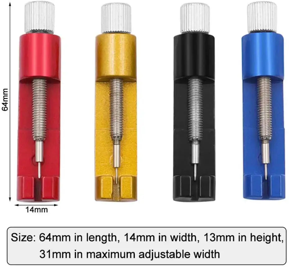 Simples Market four-piece metal watch band pin tool set in red, gold, black and blue; 31mm adjustable width.