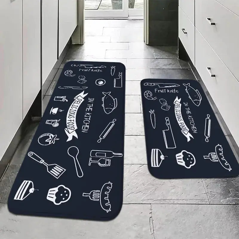 2-pack navy kitchen mats with white utensil illustrations