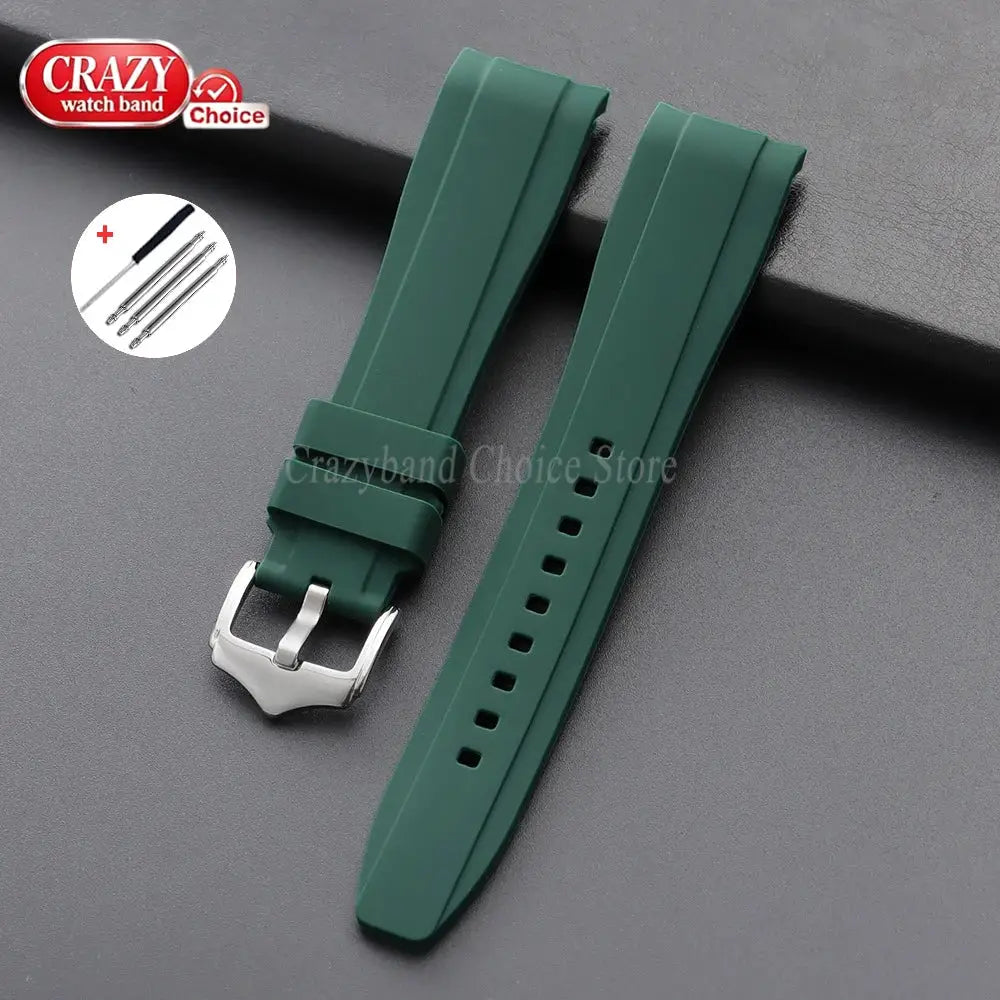 Simples Market green silicone watch strap, 20–22mm, curved-end, universal two-piece with stainless-steel buckle.