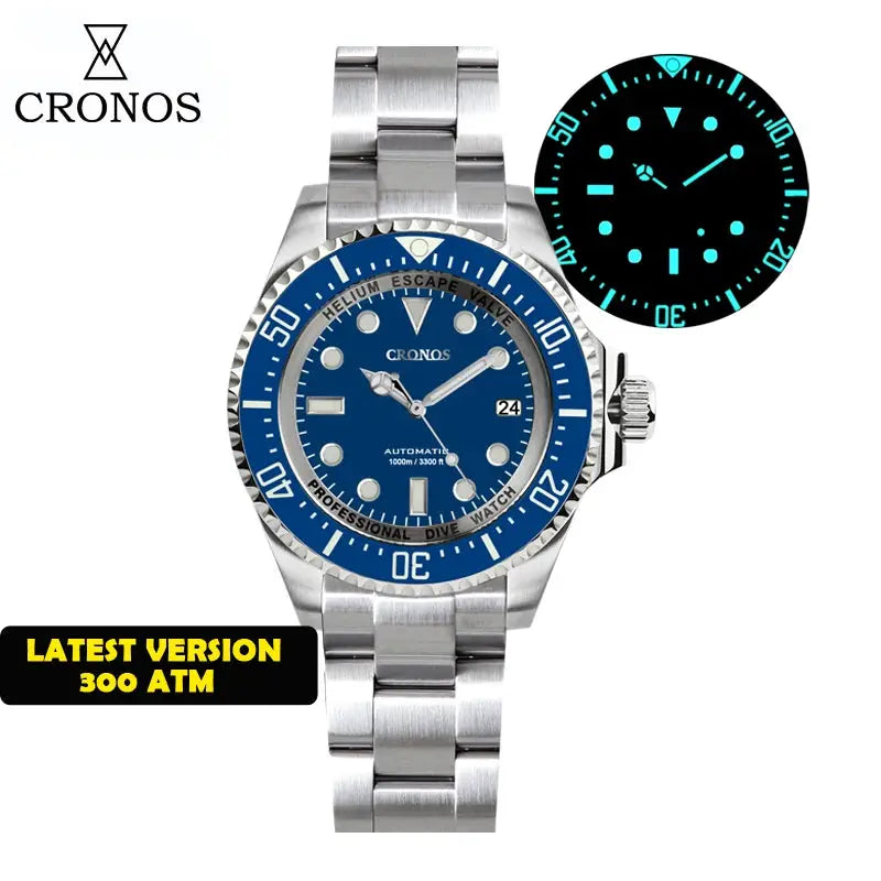 Cronos automatic diver watch with stainless steel bracelet, blue dial and bezel, 2000m water resistance