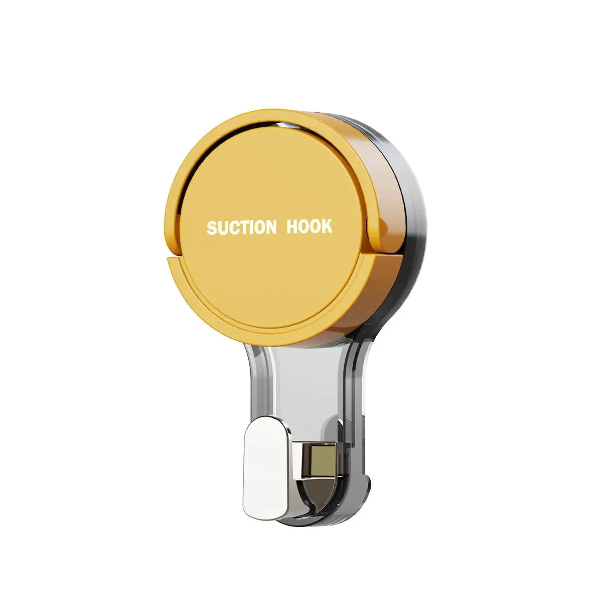 Suction hook with gold circular top and clear mounting arm for bathroom and kitchen use