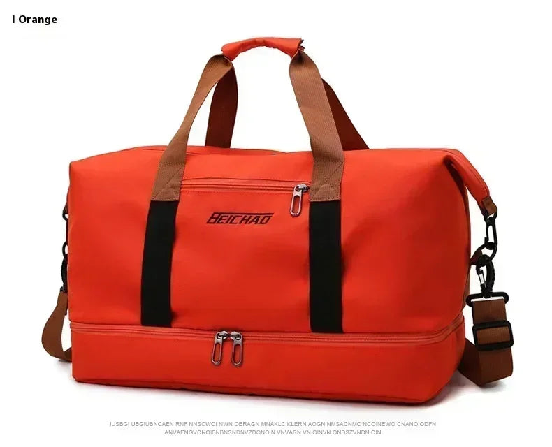 Large capacity orange travel gym bag with brown handles, black straps, Beichao logo, detachable shoulder strap.
