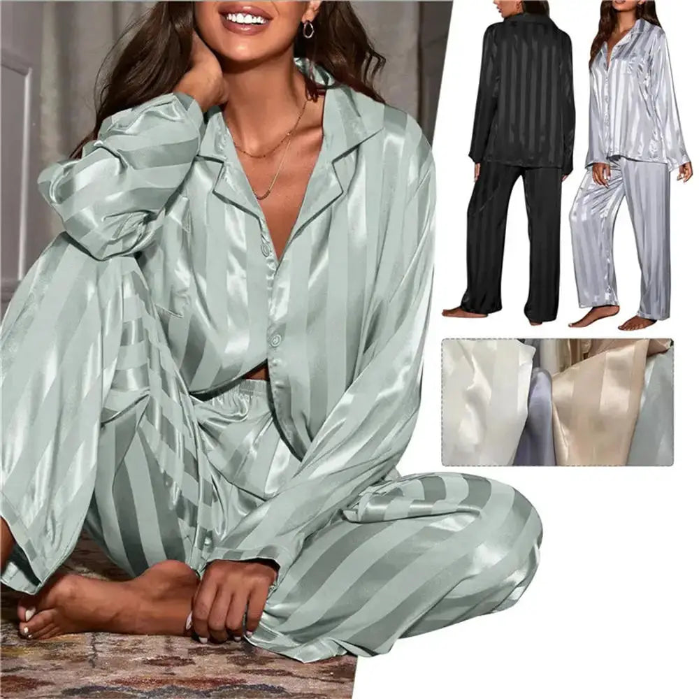 LuxeNest Womens Striped Satin Pajama Set Loose Fit All Season Comfort In Breathable Imitation Silk Polyester