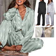 LuxeNest Womens Striped Satin Pajama Set Loose Fit All Season Comfort In Breathable Imitation Silk Polyester
