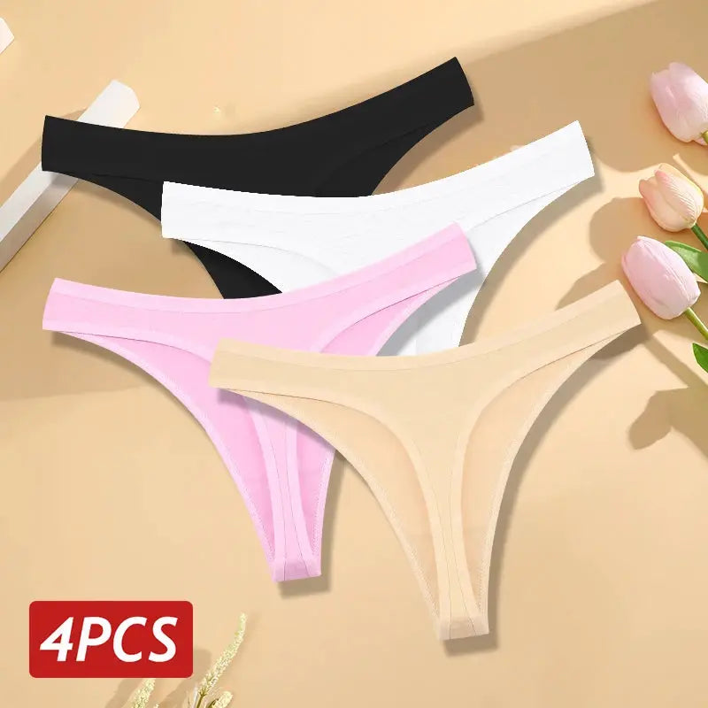 4-pack women cotton seamless low-rise thong underwear in black, white, pink and beige by Simples Market