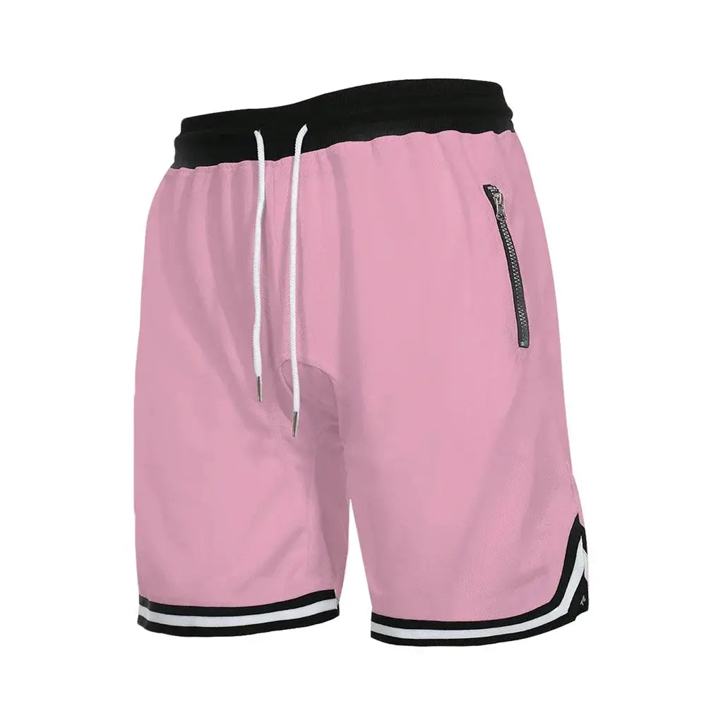 Men's pink mesh quick-dry basketball shorts by Simples Market with black waistband, zip pocket, striped hem