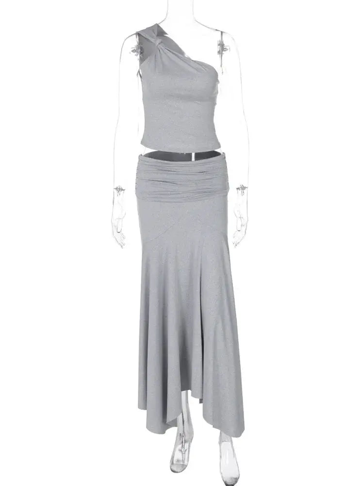 Tossy Pleated Two Piece Off Shoulder Cropped Top And Long Skirt Set