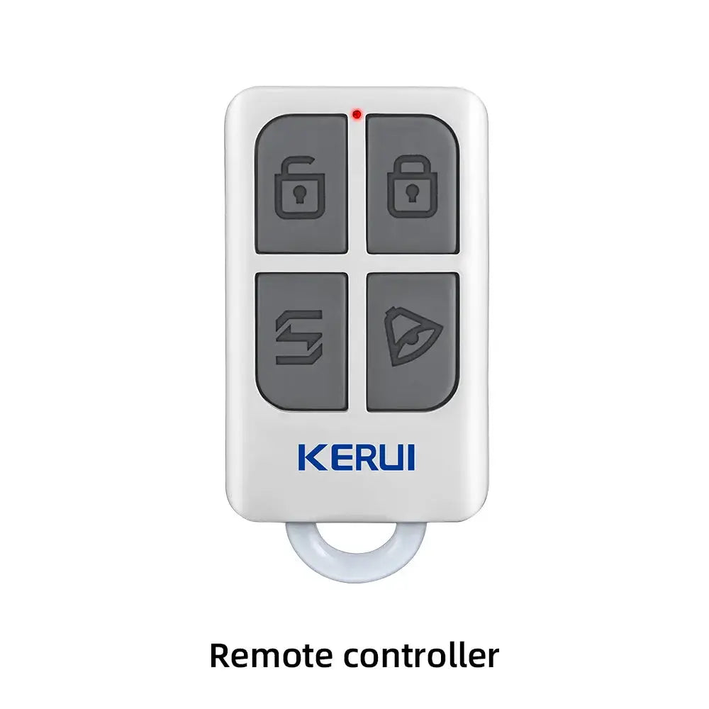 KERUI remote controller for alarm system, white device with four gray buttons