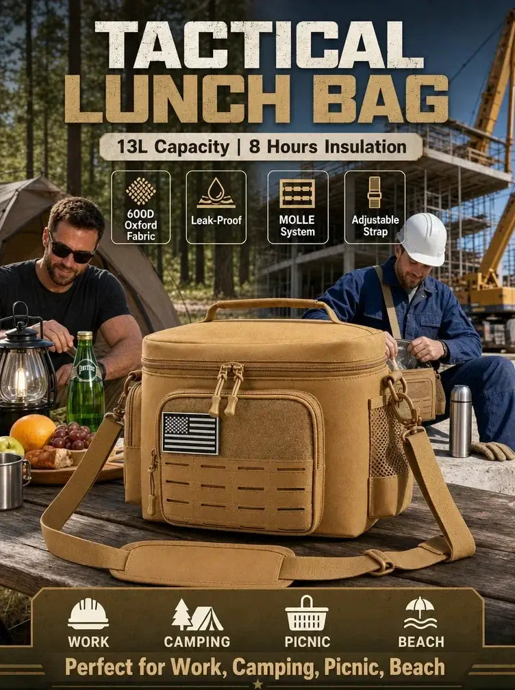 13L tactical insulated lunch bag, tan color with MOLLE system and leakproof design