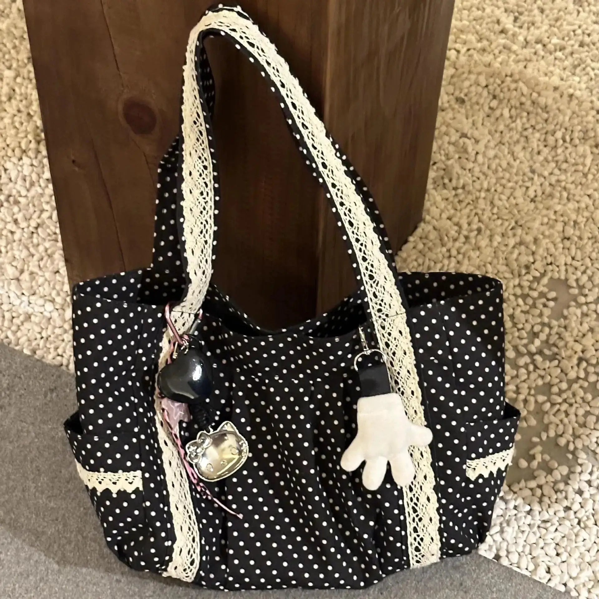 Korean vintage canvas shoulder bag in navy with white polka dots and cream lace trim, large capacity tote