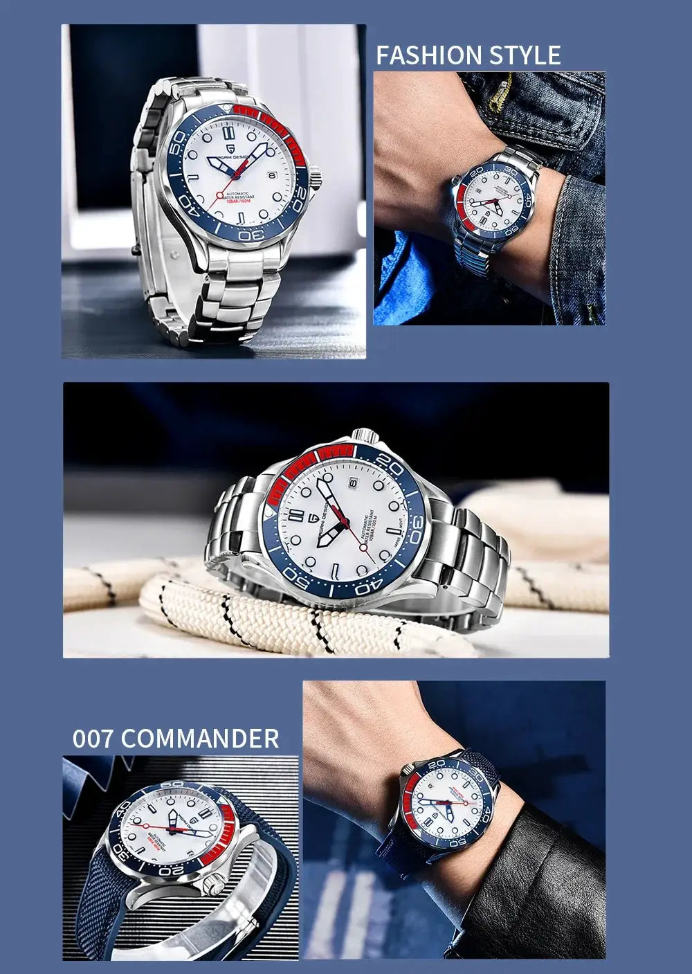 Pagani Design 007 men's watch, stainless steel bracelet, blue-red bezel, white dial, automatic, luminous.