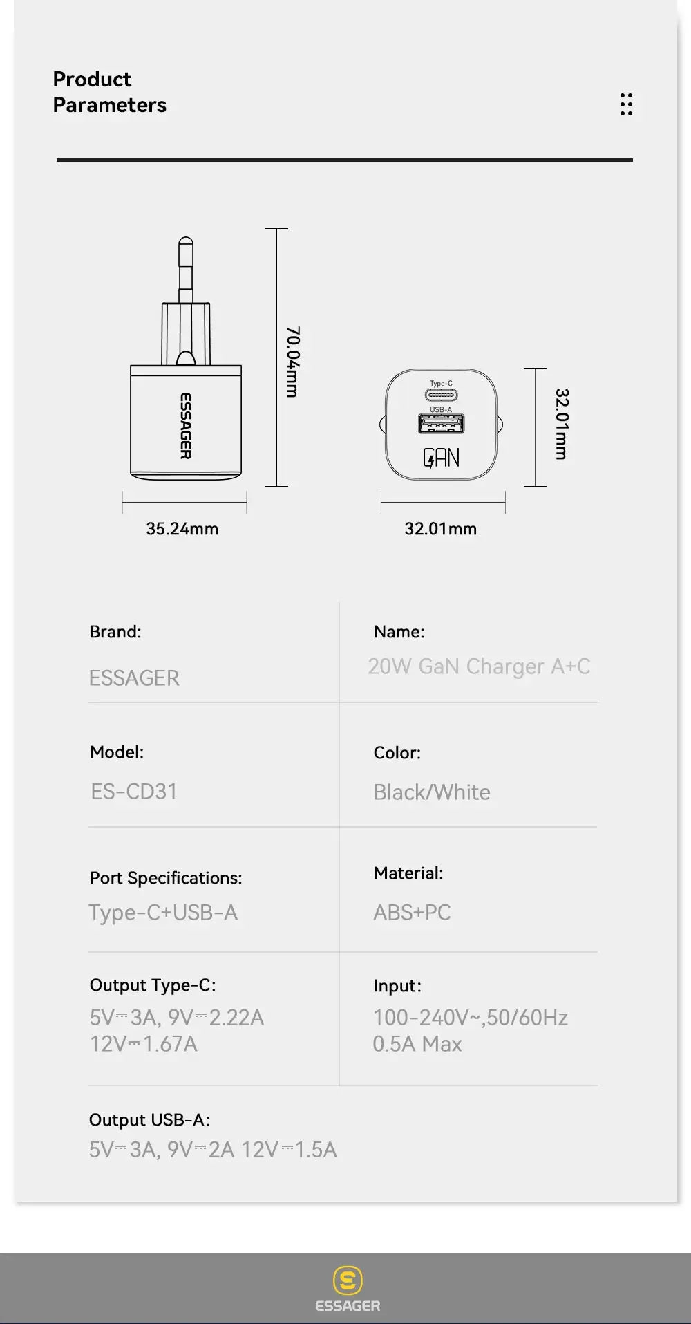Essager 20W GaN USB-C charger with Type-C and USB-A ports, black/white ES-CD31