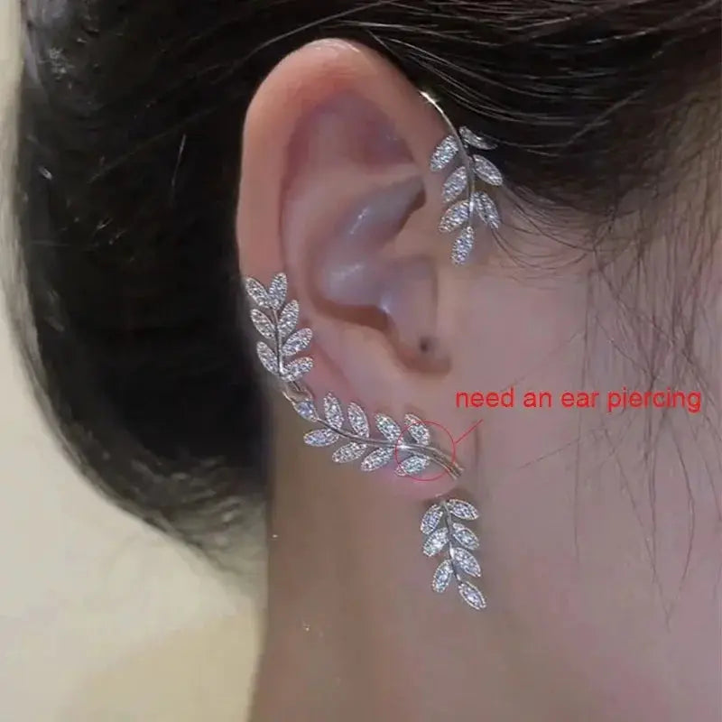 Silver plated leaf clip earrings with zircon crystals; ear cuff style for non-pierced ears