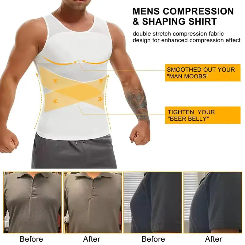 Men's compression shapewear tank top by Simples Market, white sleeveless vest with cross mesh panels for tummy control