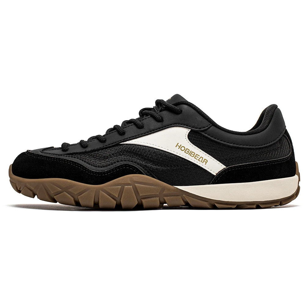 HOBIBEAR wide-width hiking shoes, black with white side panel and brown outsole, unisex trekking sneakers.