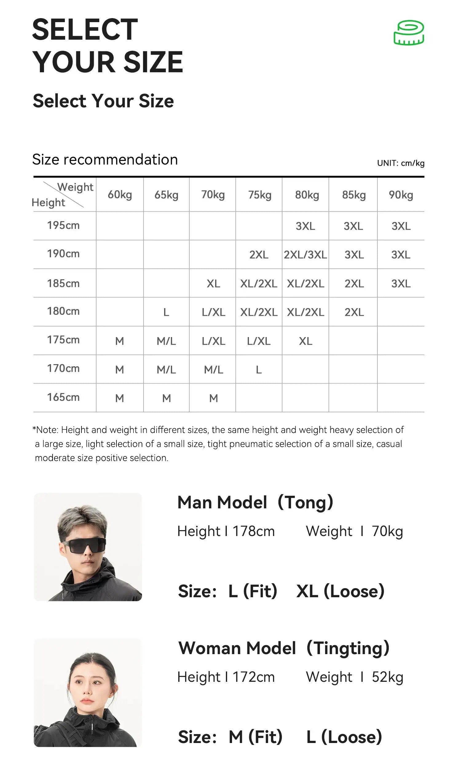 ROCKBROS cycling waterproof jacket size chart with height/weight grid and size recommendations