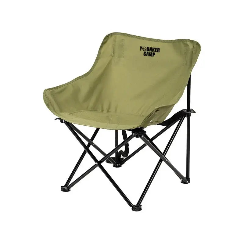 Outdoor folding camping chair by Younker Camp in olive green fabric with a black metal frame.