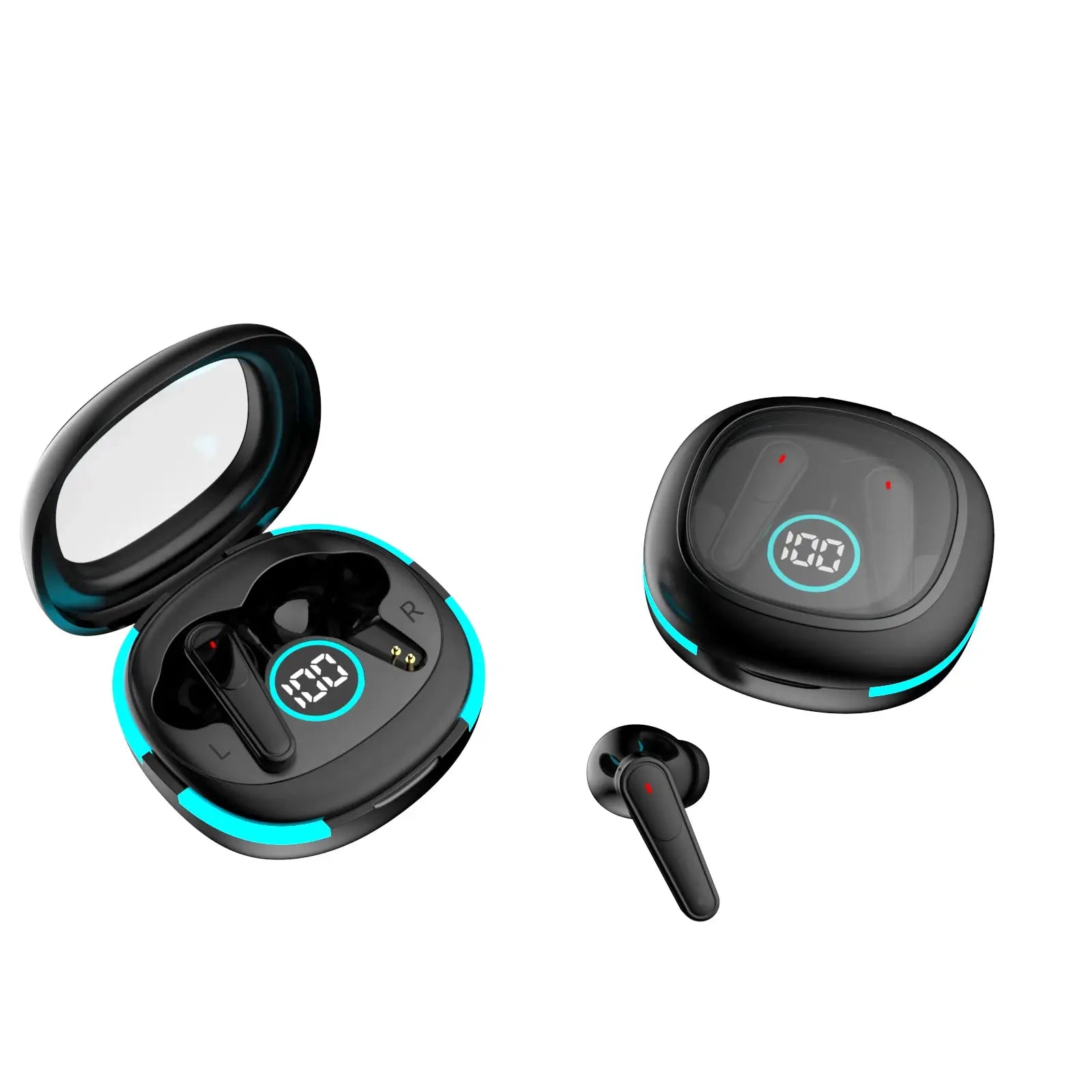 Simples Market Plus50 ANC+ENC true wireless earphones pair with LED display in black charging case with cyan accents