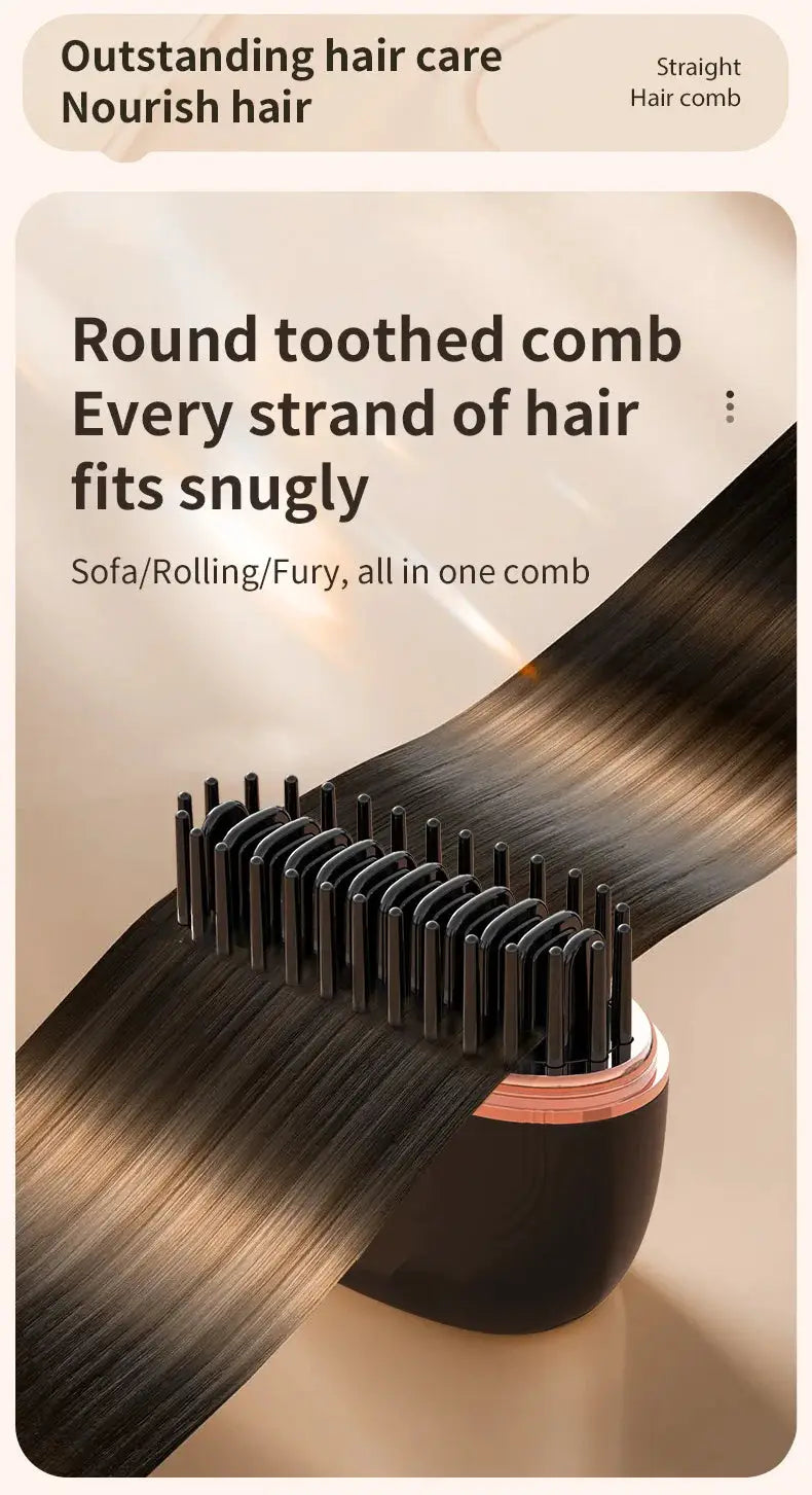 Mini cordless hair straightener brush with round teeth, black body and copper ring; USB rechargeable