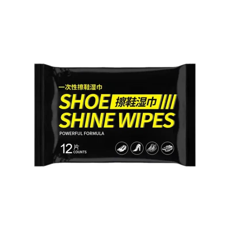Shoe Shine Wipes, 12-count disposable shoe cleaning wipes in a black package with yellow text