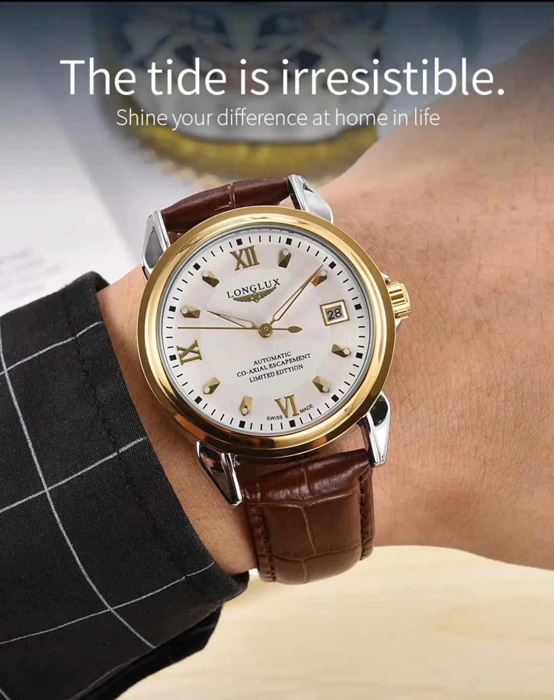 LONGLUX automatic men's wristwatch with brown leather strap and gold-tone bezel