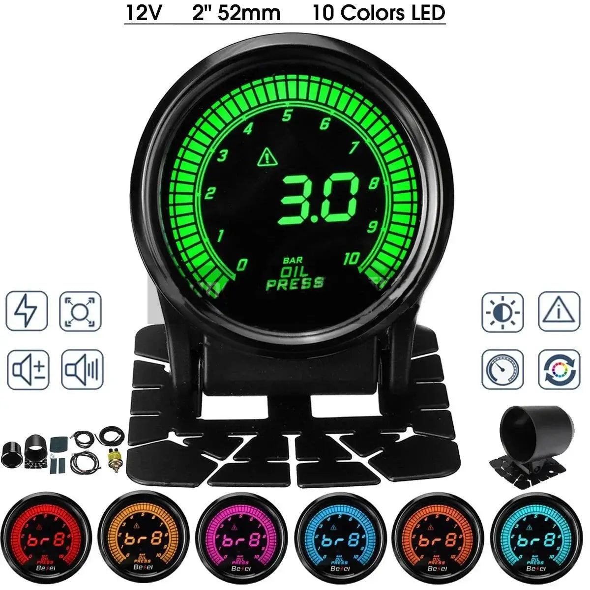 52mm car gauge with water temp, oil temp, volt, vacuum, tach; EGT, A/F, oil pressure; 2-inch 10-color LED by Simples Market