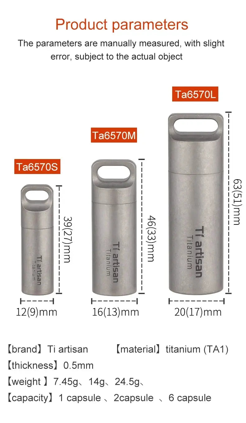 Tiartisan titanium mini EDC pill containers set of 3 (Ta6570S, Ta6570M, Ta6570L), waterproof sealed pill bottles