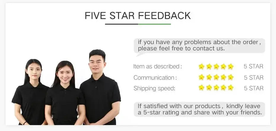 Tuya garage door controller by Simples Market; five-star feedback banner with three staff in black polo shirts